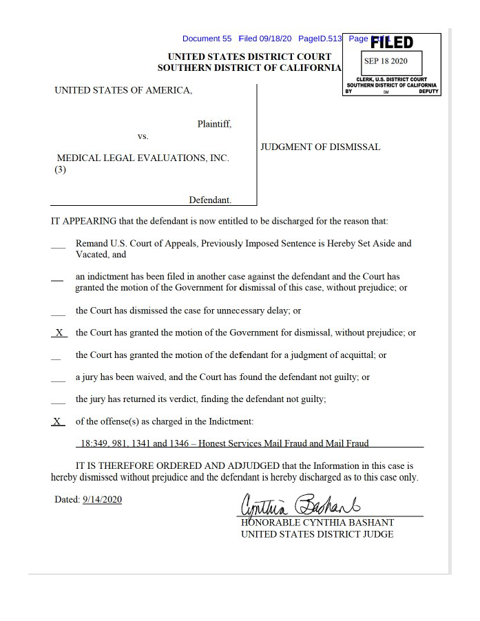 Judgement of Dismissal for Medical Legal Evaluations Inc confirming Dr. Stepaniuk charges dropped by the court.