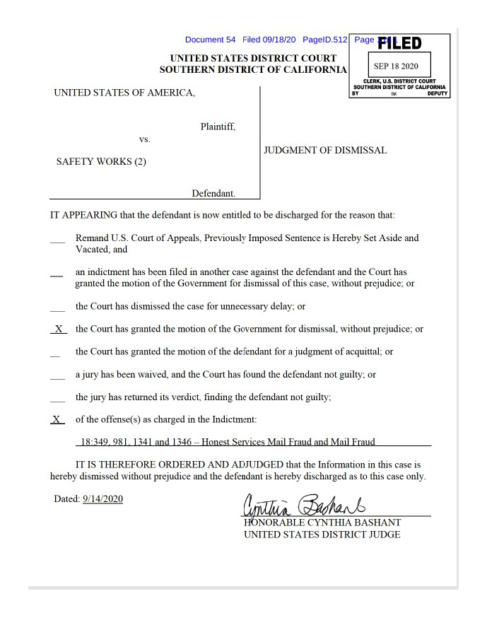 Court document showing Dr. Stepaniuk charges dropped in the dismissal of the case against Safety Works Inc.
